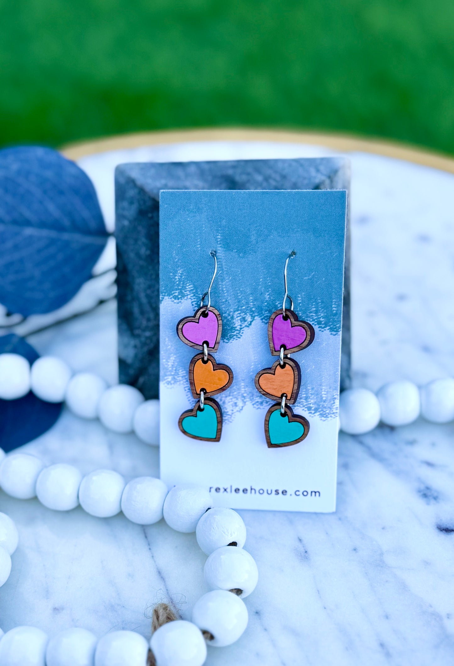 Heart Dangles - Painted Walnut Wood Earrings