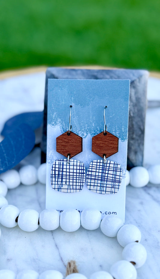 Navy Lines - Leather and Wood Earrings