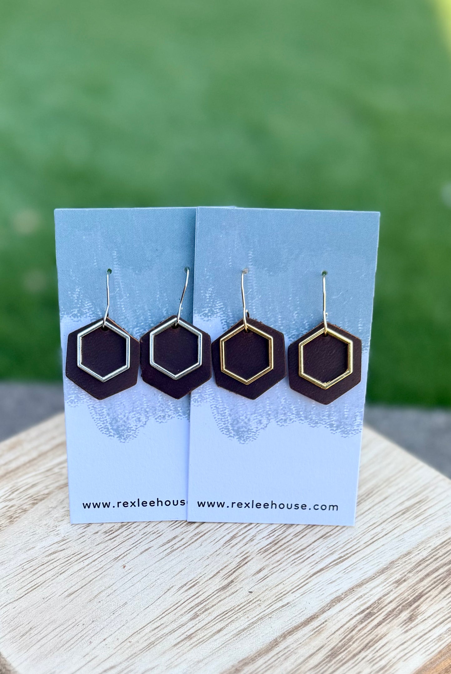 Chocolate & Silver Hex - Leather Earrings