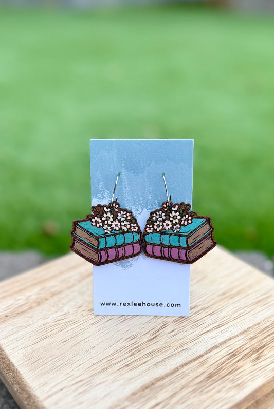 Floral Stacked Books - Painted Wood Earrings