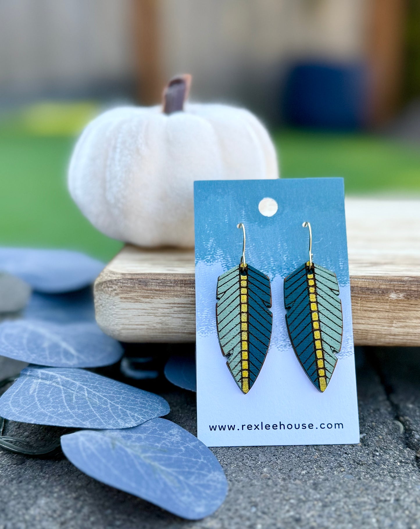 Green and Peacock Blue Feathers - Painted Wood Earrings
