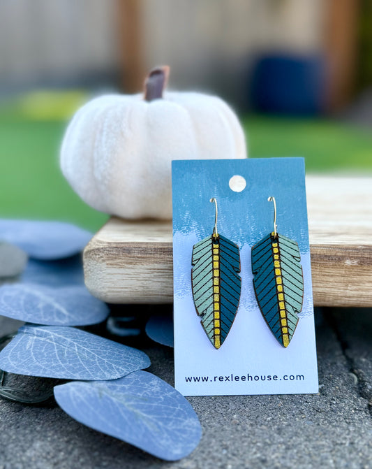 Green and Peacock Blue Feathers - Painted Wood Earrings