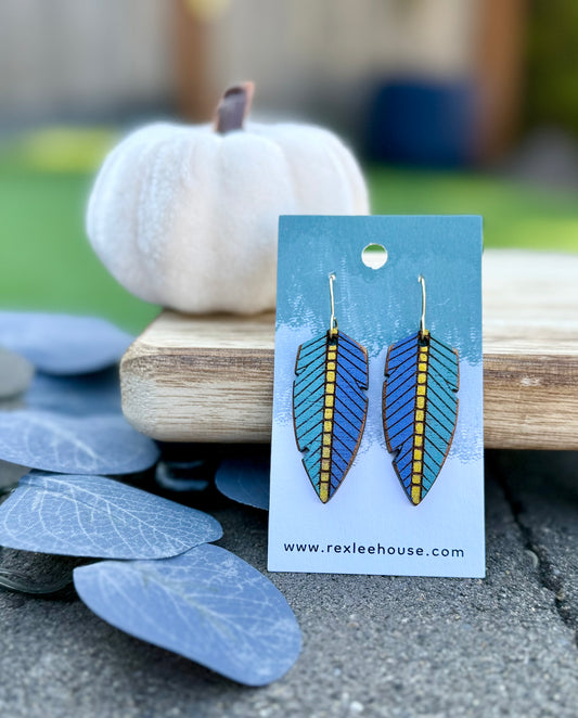 Blue and Purple Feathers - Painted Wood Earrings