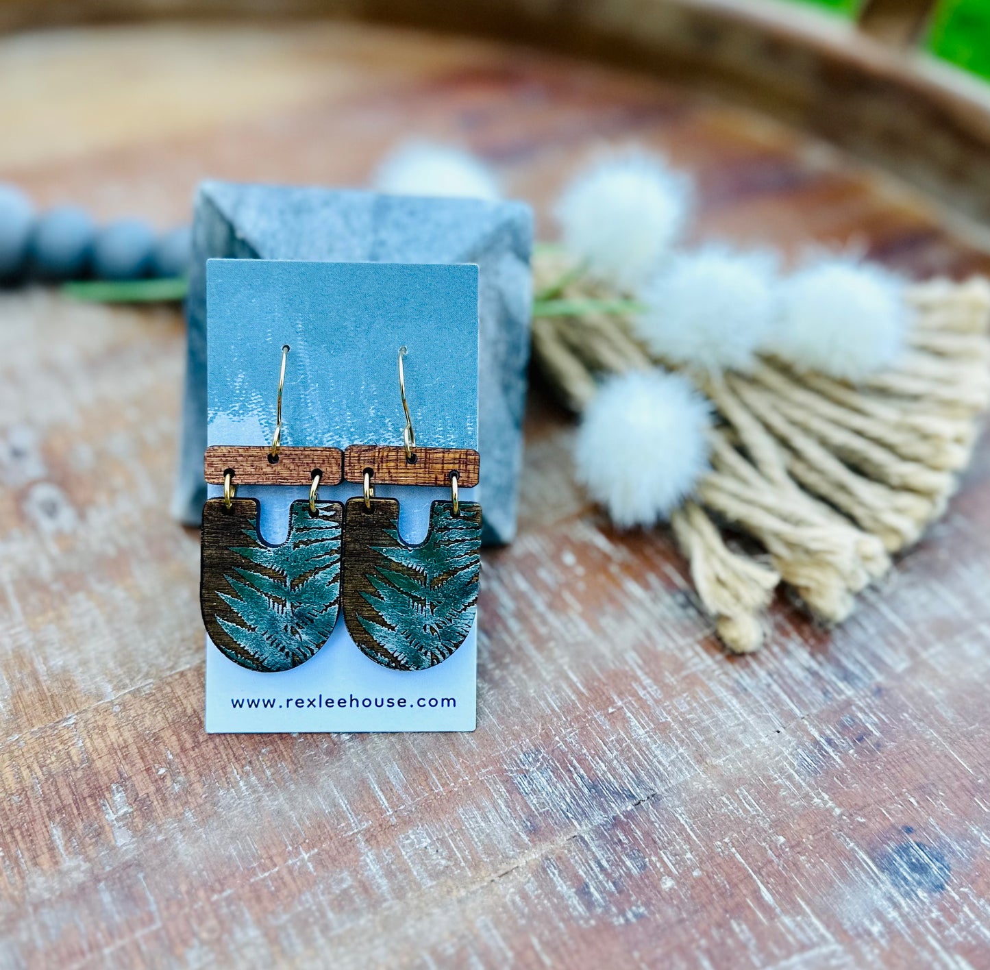 Green & White Ferns - Painted Wood Earrings