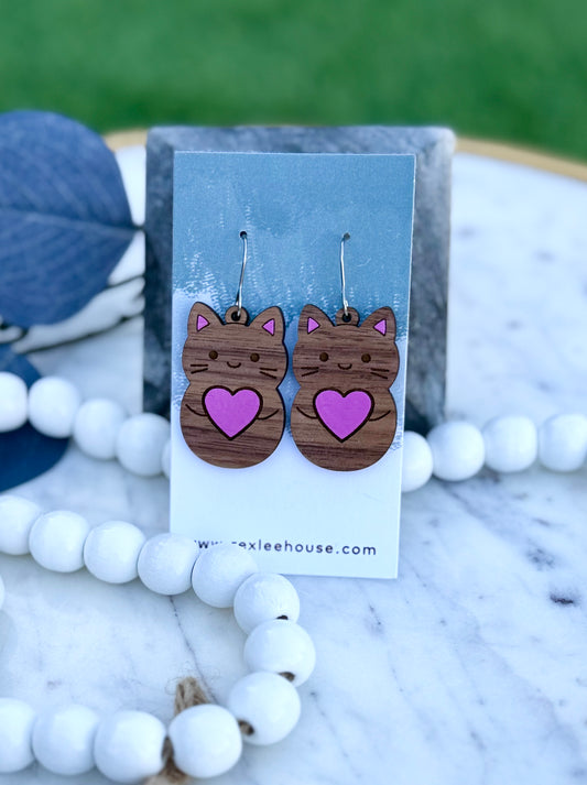 Kitty Hearts - Painted Walnut Wood Earrings