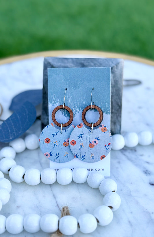 Blue Floral Dangles - Leather & Wood Earrings