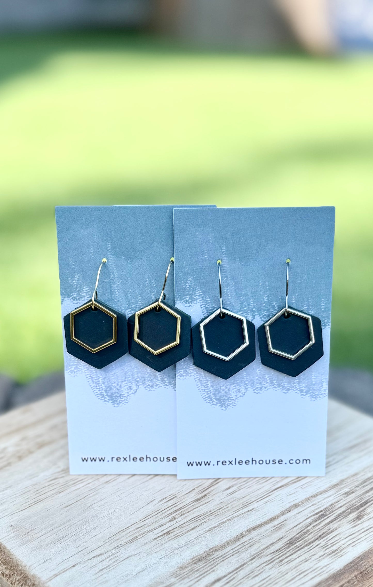 Peacock & Silver Hex - Leather Earrings