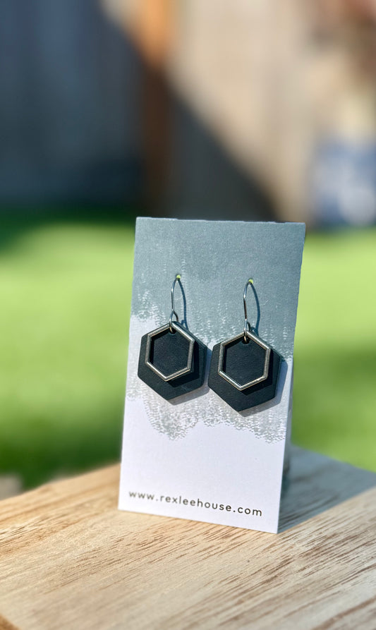 Peacock & Silver Hex - Leather Earrings