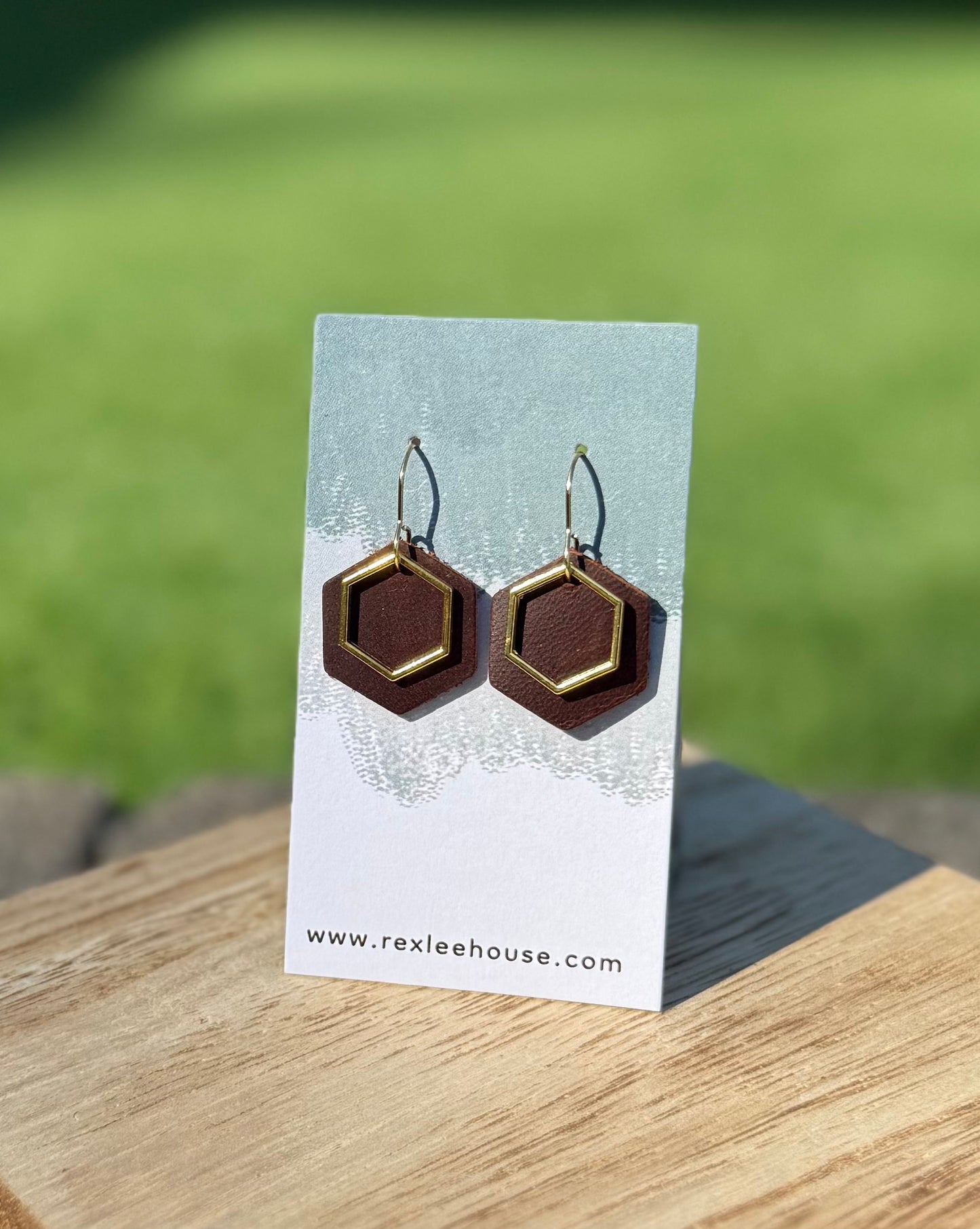 Chocolate & Gold Hex - Leather Earrings