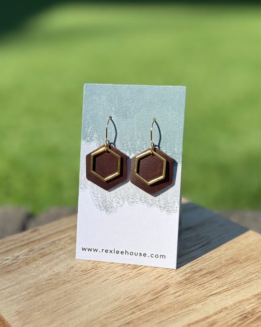 Chocolate & Gold Hex - Leather Earrings