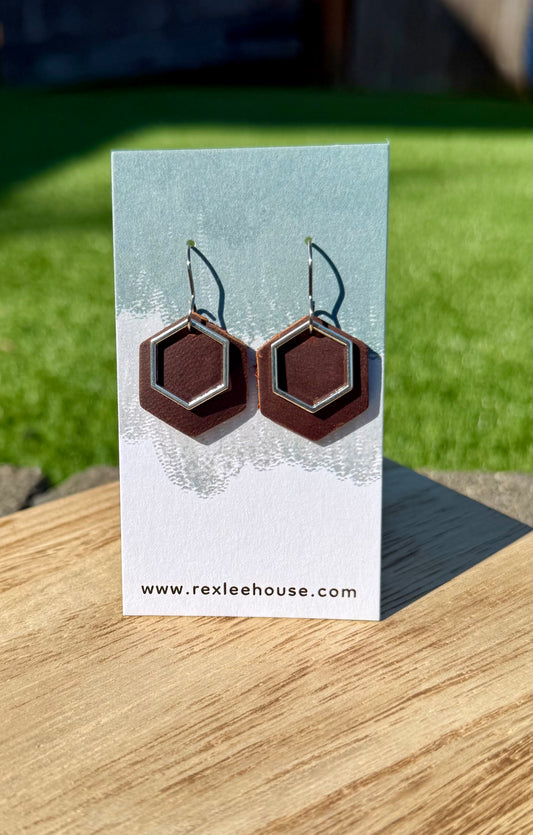 Chocolate & Silver Hex - Leather Earrings